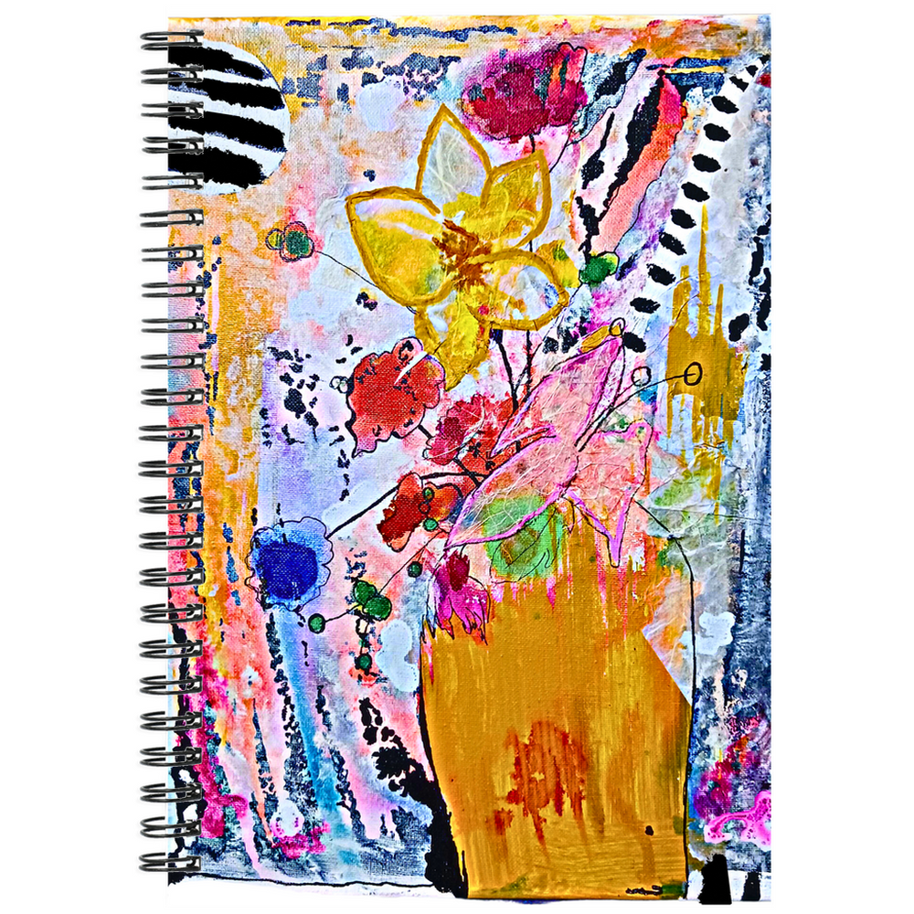 this artwork it titled 'happy' and is an abstract floral design that dresses up thew cover of this spiral notebook that is 6x8 inches with 120 ruled line pages 