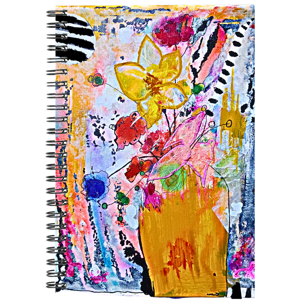 this artwork it titled 'happy' and is an abstract floral design that dresses up thew cover of this spiral notebook that is 6x8 inches with 120 ruled line pages 