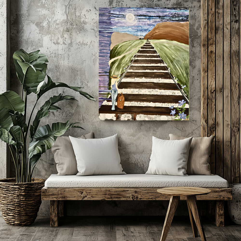 24x30inches large stretched canvas mixed media painting by artist Christine Yvonne features a woman on a railroad track embarking on a long journey