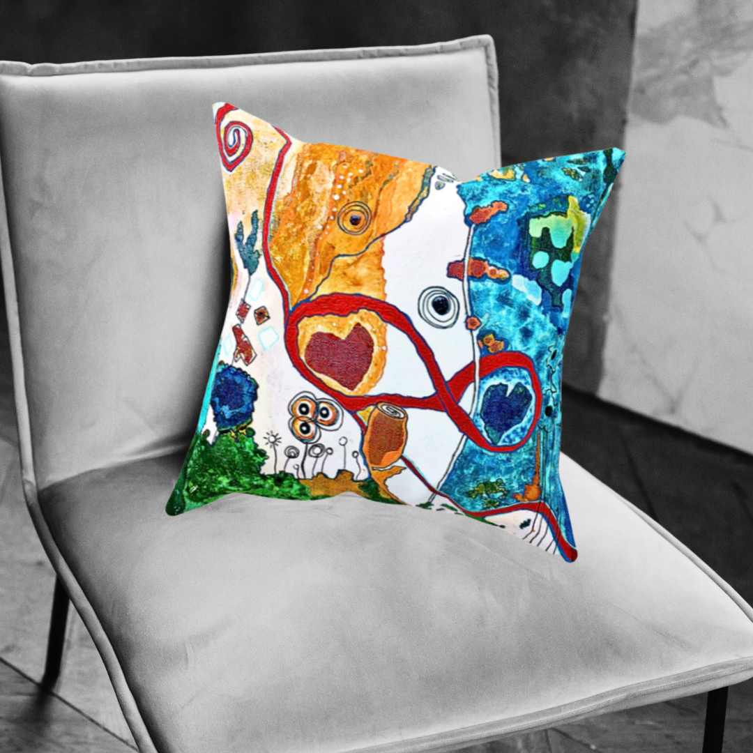 meet me in the garden 16 x 16 inch throw pillow on a chair